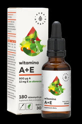 Aura Herbals Vitamin A + E supplement 30ml bottle with dropper, promoting skin and eye health.
